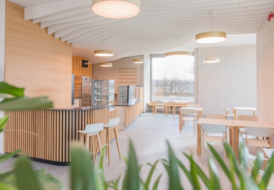 Eine moderne, mit Holzelementen gestaltete Bar mit Tischen und Stühlen.